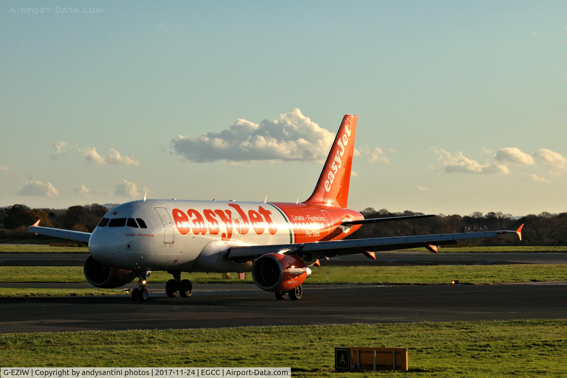 G-EZIW, 2005 Airbus A319-111 C/N 2578, taxing in after landing.