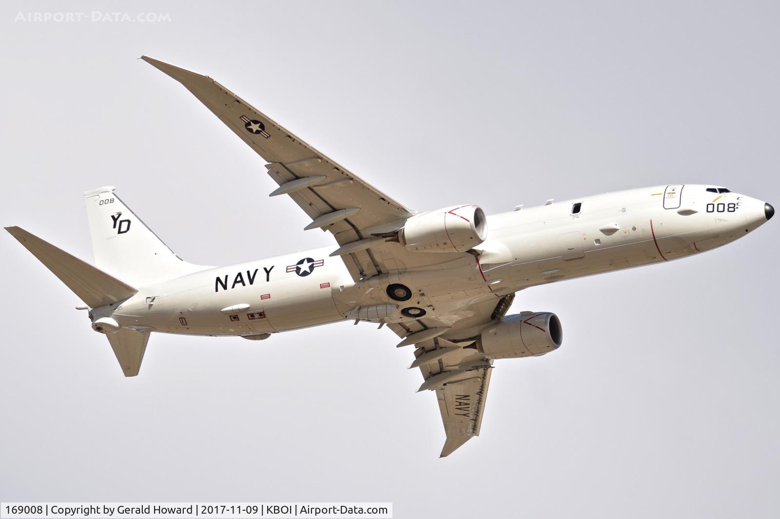 169008, 2016 Boeing P-8A Poseidon C/N 44949, Departing BOI.  VP-4 “Skinny Dragons”, NAS Whidbey Island, WA.