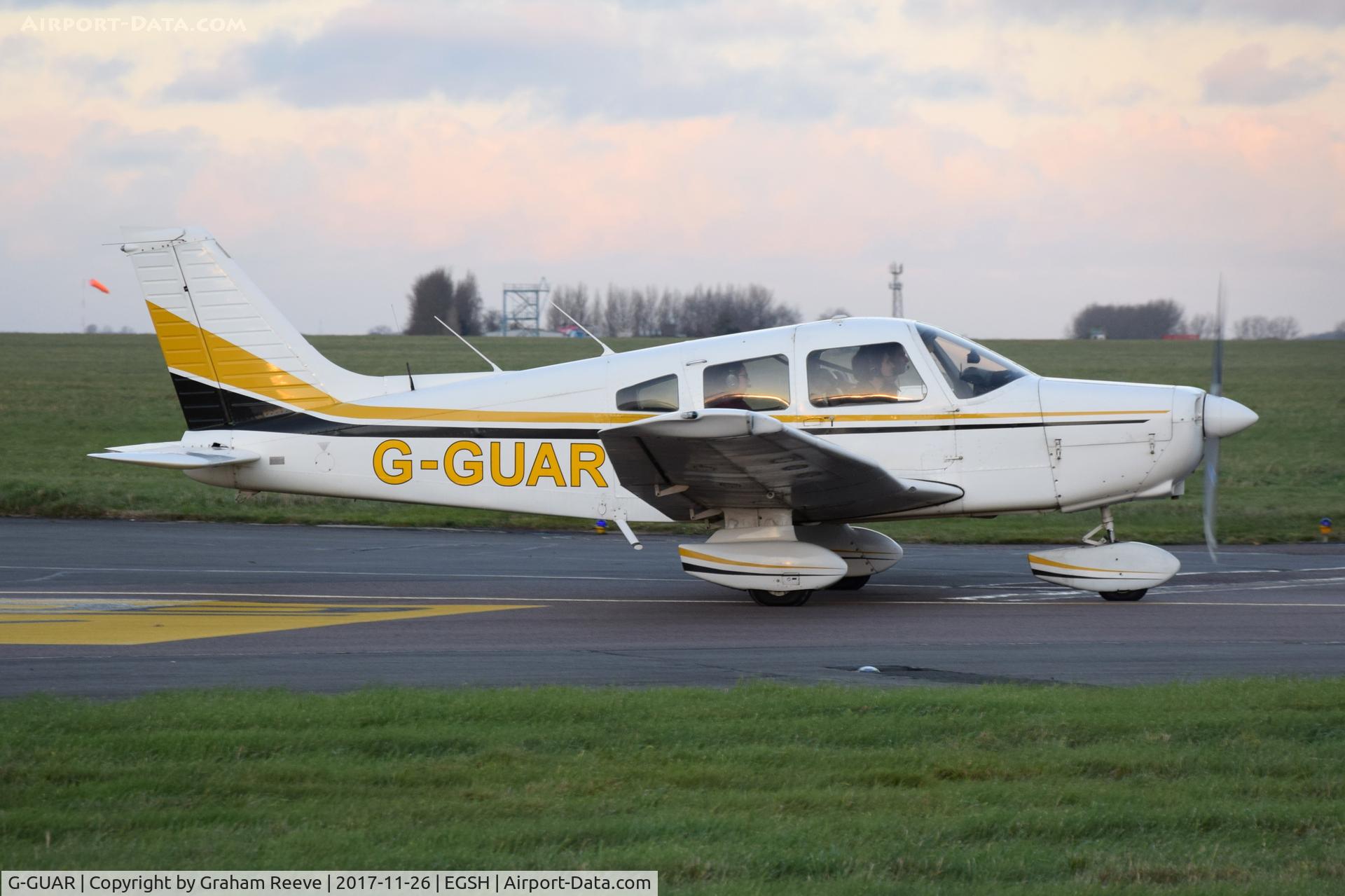 G-GUAR, 1978 Piper PA-28-161 Warrior II C/N 28-7816576, Departing from Norwich.