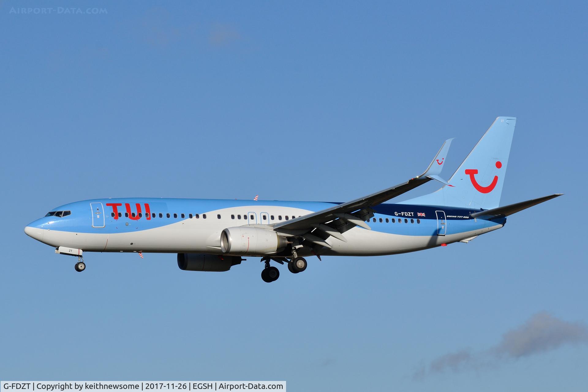 G-FDZT, 2011 Boeing 737-8K5 C/N 37248, Arriving at Norwich from Tenerife.
