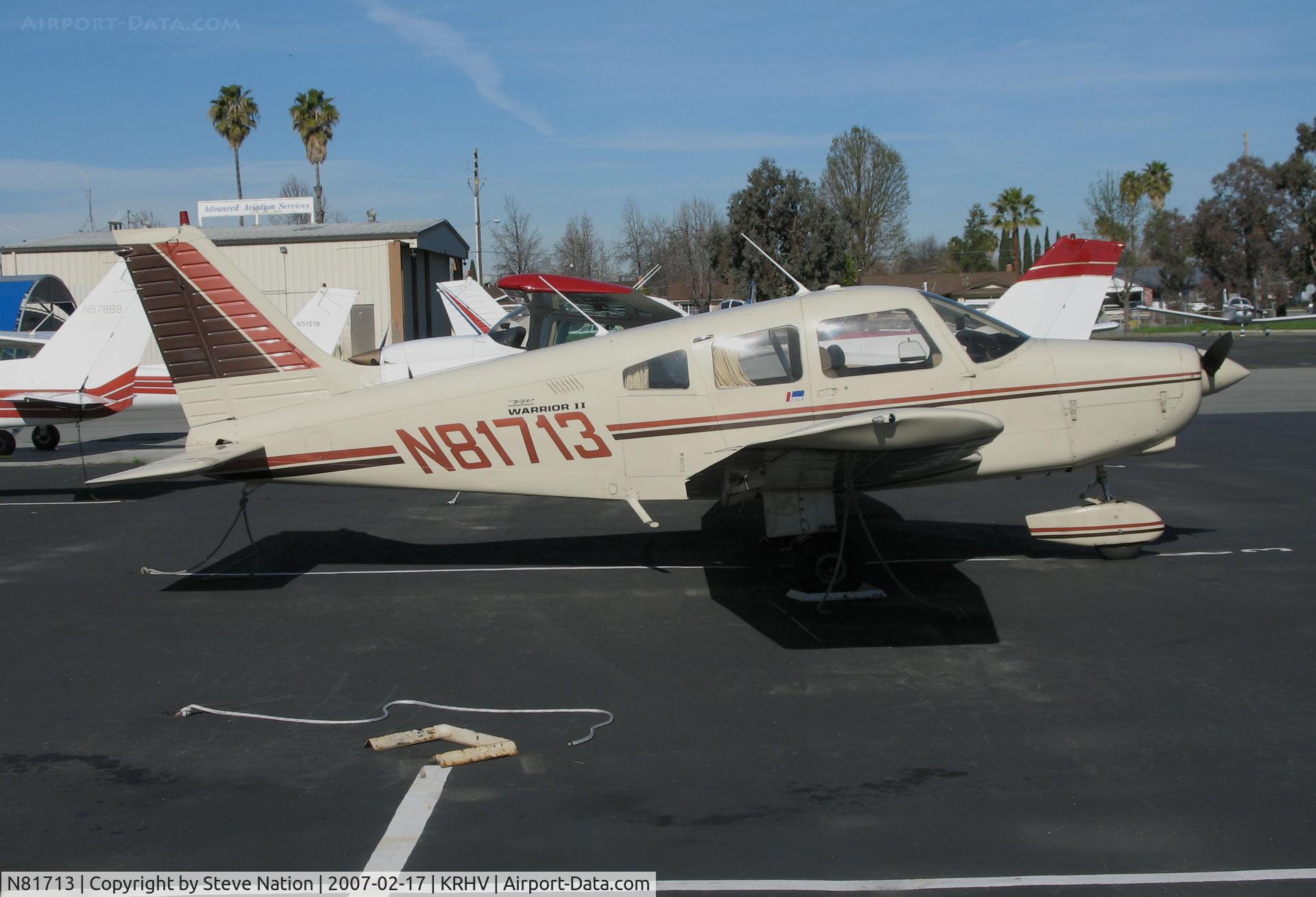 N81713, 1980 Piper PA-28-161 C/N 28-8016290, Locally-based 1980 Piper PA-28-161 (slightly different colors than in 2006) @ Reid-Hillview Airport, San Jose, CA home base (to private owner Spokane, WA 2008-09-05)
