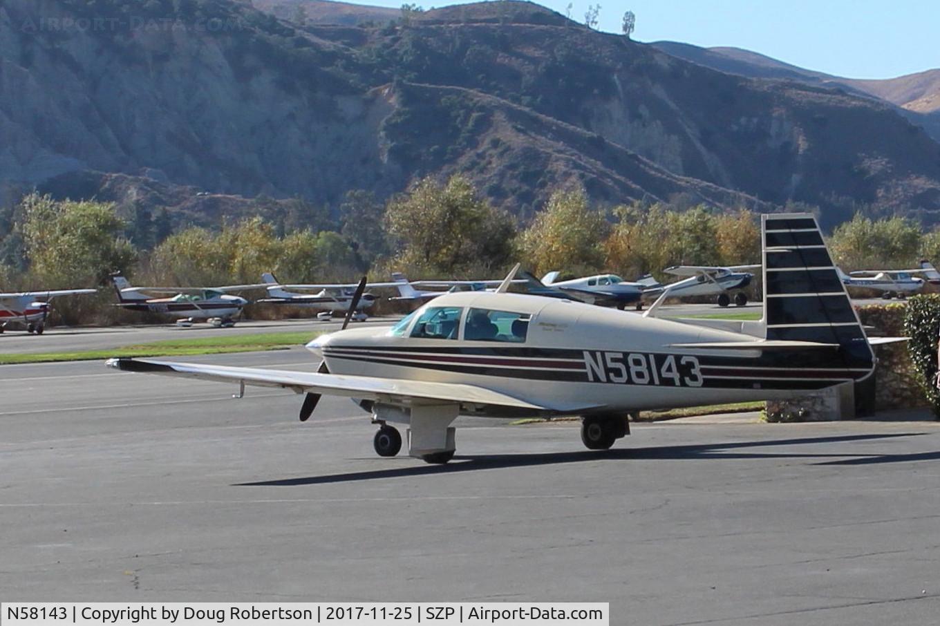 N58143, 1985 Mooney M20J 201 C/N 24-1573, 1985 Mooney M20J 201, Lycoming IO-360 A&C 200 Hp, at SZP Fuel Dock