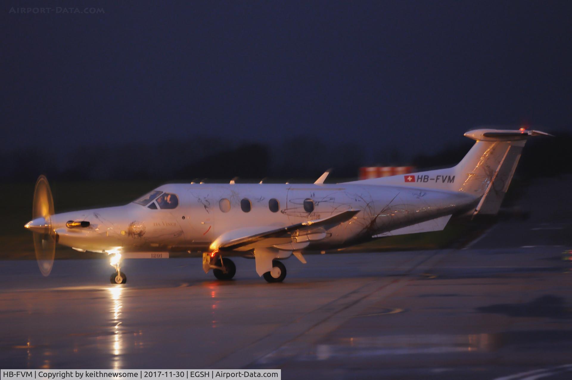 HB-FVM, 2011 Pilatus PC-12/47E C/N 1291, Arriving at Norwich in a cold storm.