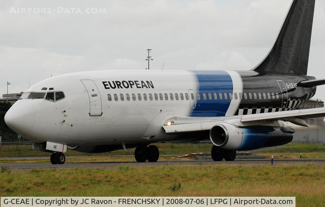 G-CEAE, 1974 Boeing 737-229 C/N 20912, European Aviation Air Charter at Paris CDG departure (Stored KMHV seen there still stored in full colors minus parts Sep14-2015)
