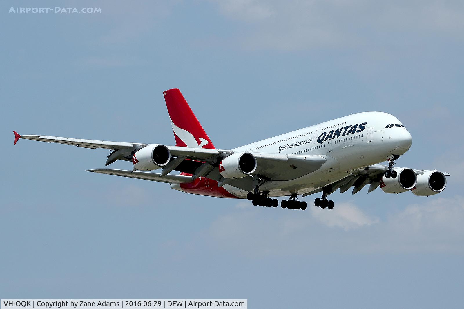 VH-OQK, 2011 Airbus A380-842 C/N 063, Arriving at DFW Airport