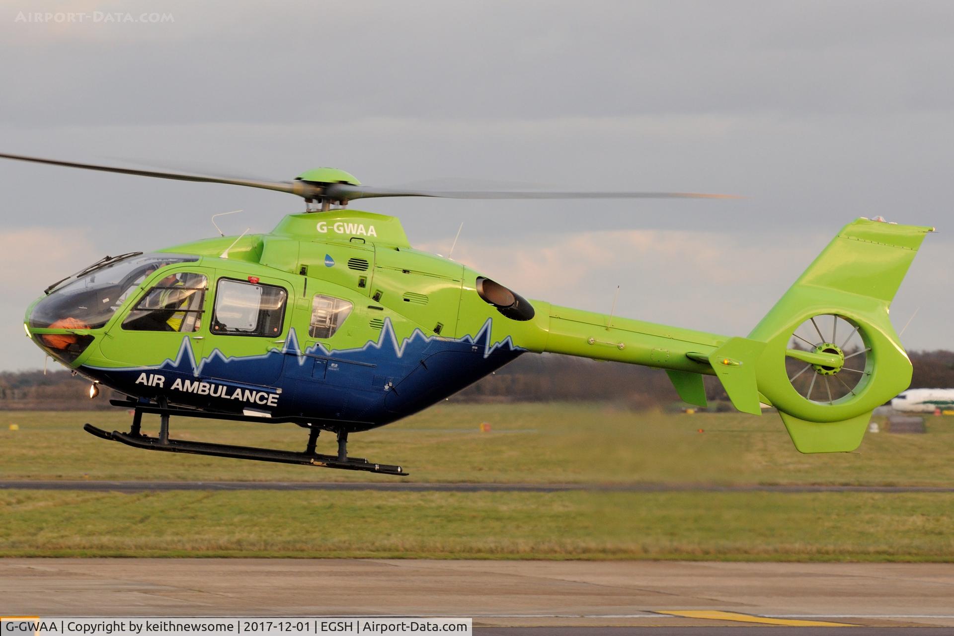 G-GWAA, 2001 Eurocopter EC-135T-2 C/N 0174, Very nice visitor leaving Norwich.