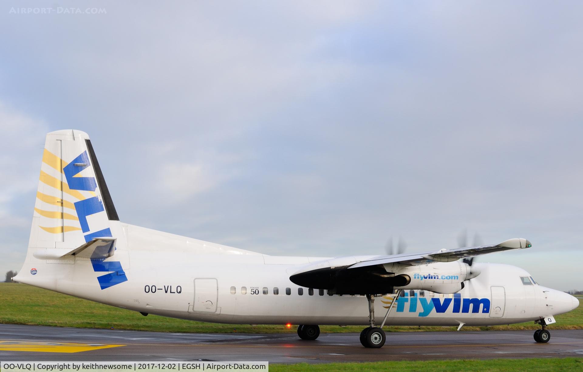OO-VLQ, 1989 Fokker 50 C/N 20159, Leaving Norwich for Antwerp.