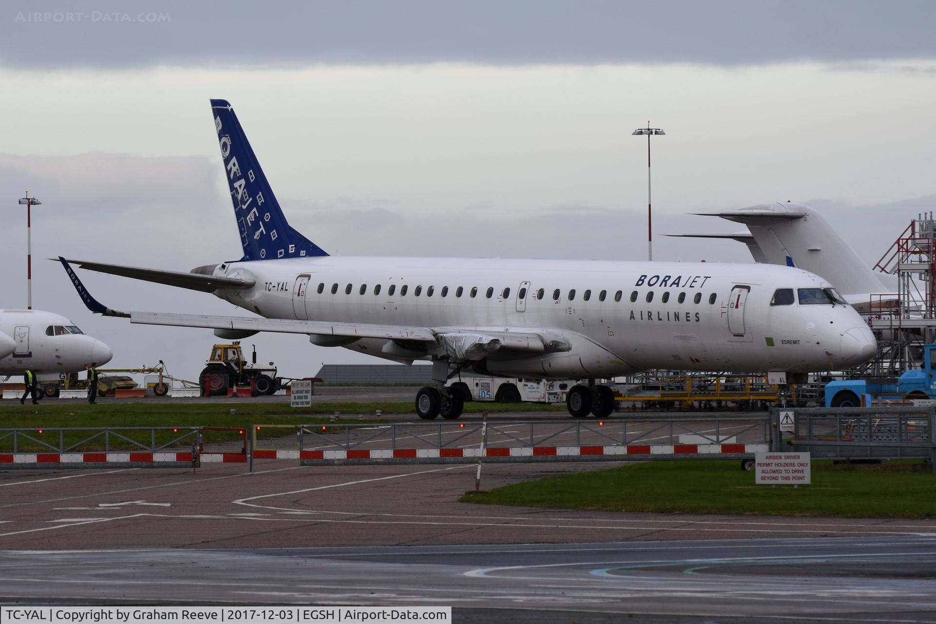 TC-YAL, 2008 Embraer 190LR (ERJ-190-100LR) C/N 19000227, Under tow at Norwich.