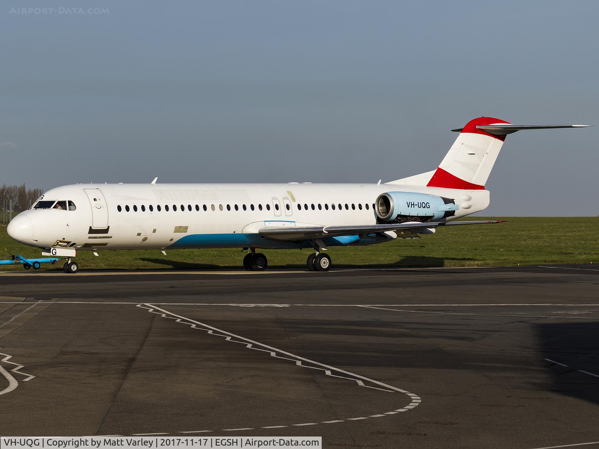 VH-UQG, 1993 Fokker 100 (F-28-0100) C/N 11446, Being towed north side for engine runs