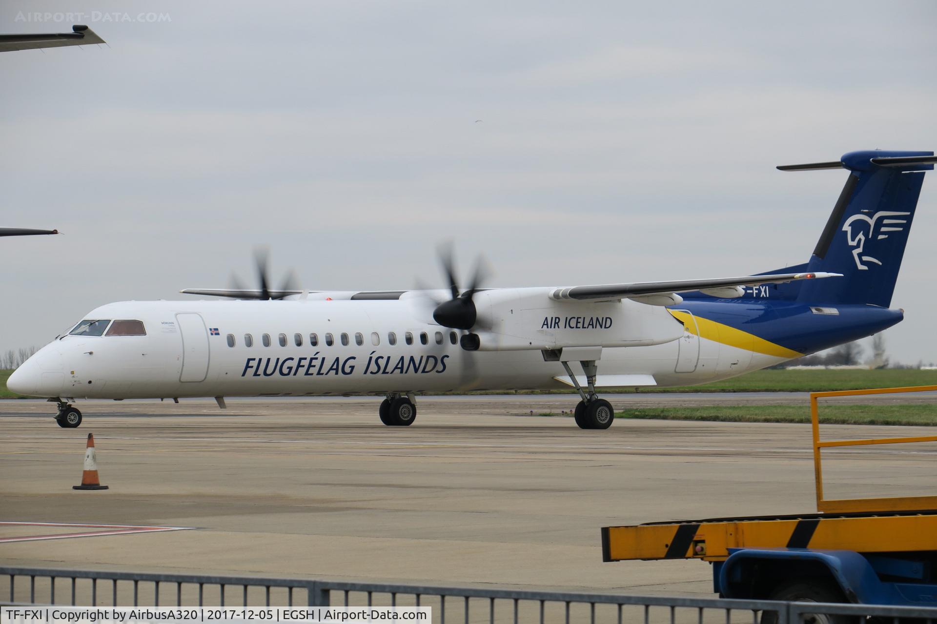 TF-FXI, 2000 De Havilland Canada DHC-8-402Q Dash 8 C/N 4033, Arriving on stand at NWI for attention with Ait Livery