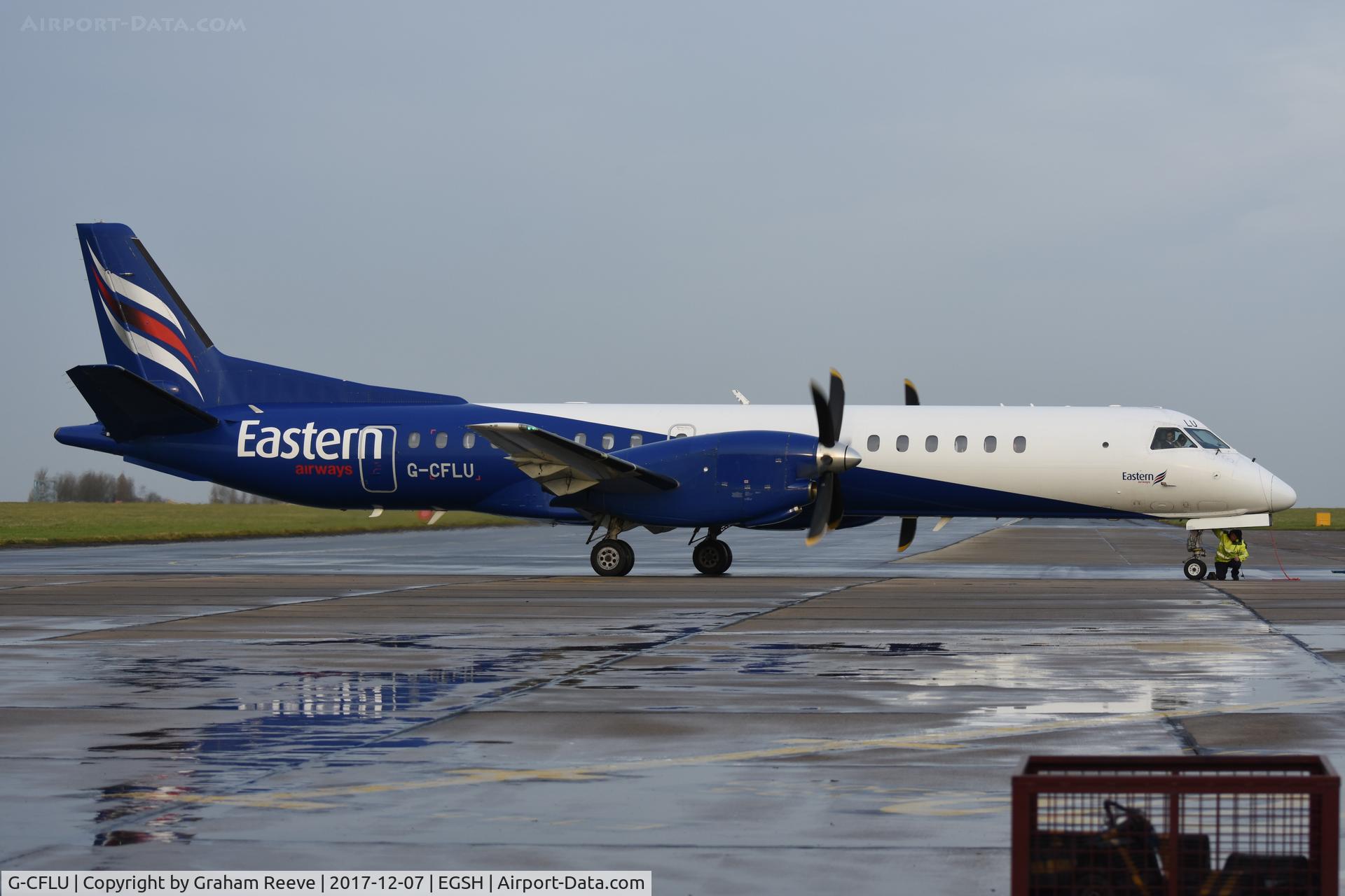 G-CFLU, 1998 Saab 2000 C/N 2000-055, Departing from Norwich.