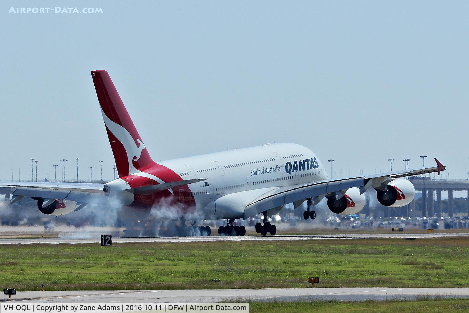 VH-OQL, 2011 Airbus A380-842 C/N 074, Arriving at DFW Airport