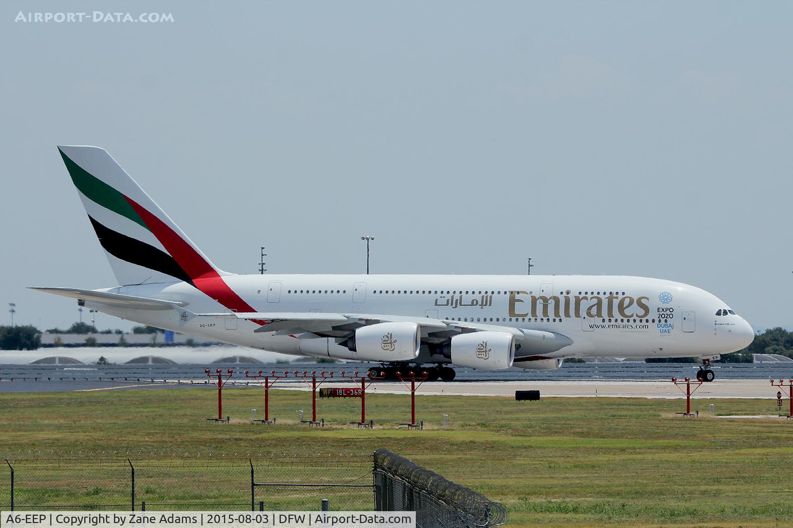 A6-EEP, 2013 Airbus A380-861 C/N 138, Departing DFW Airport