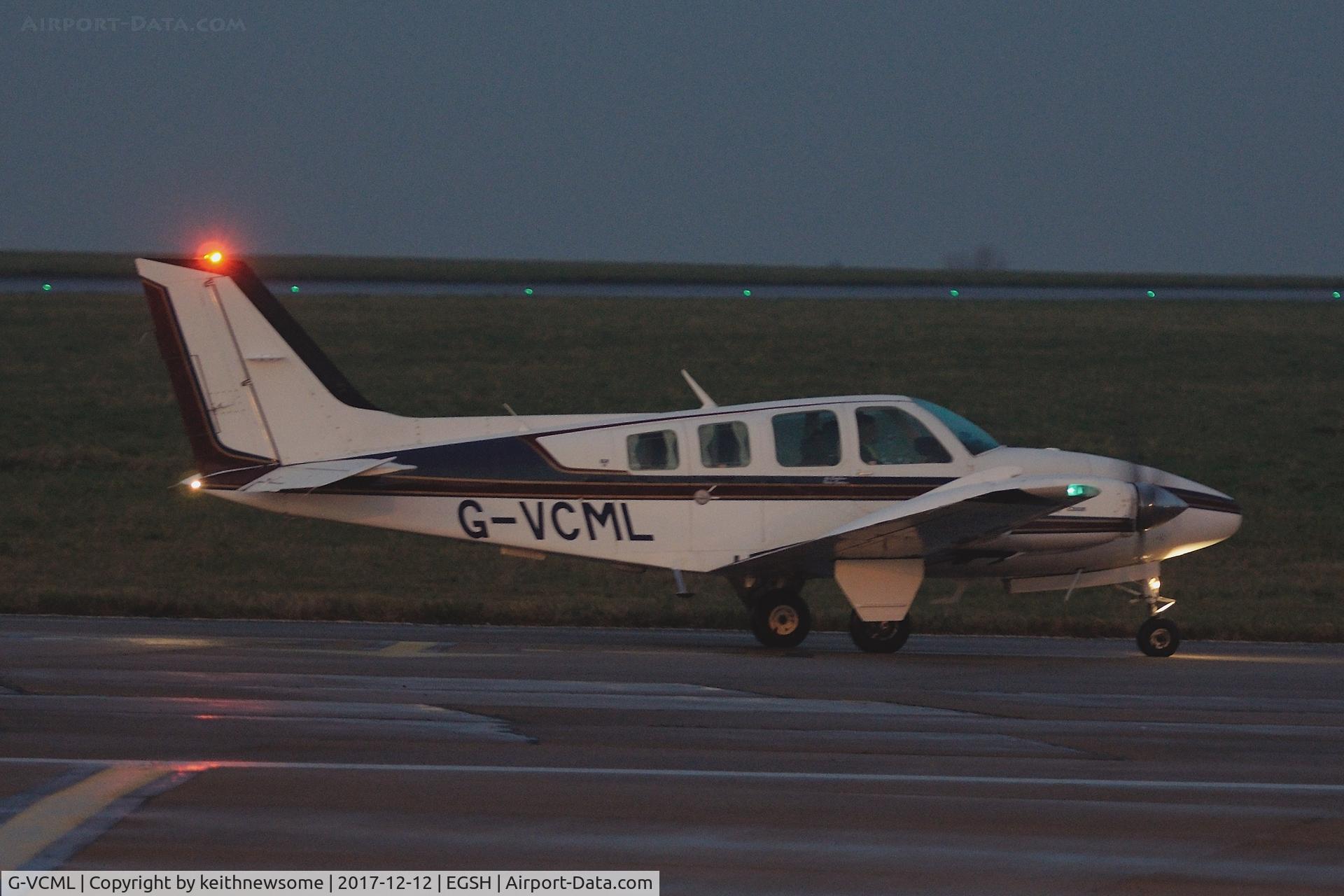 G-VCML, 1982 Beech 58 Baron C/N TH-1346, Leaving Norwich early evening.