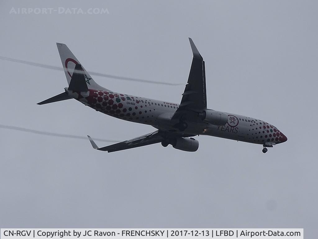 CN-RGV, 2007 Boeing 737-85P C/N 33982, AT 717 diverted to BOD from Nantes, just before go-around runway 29