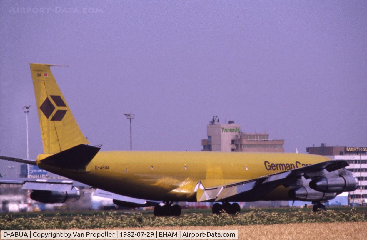 D-ABUA, 1965 Boeing 707-330C C/N 18937, German Cargo Boeing 707-330C during roll-out at Schiphol airport, the Netherlands, 1982