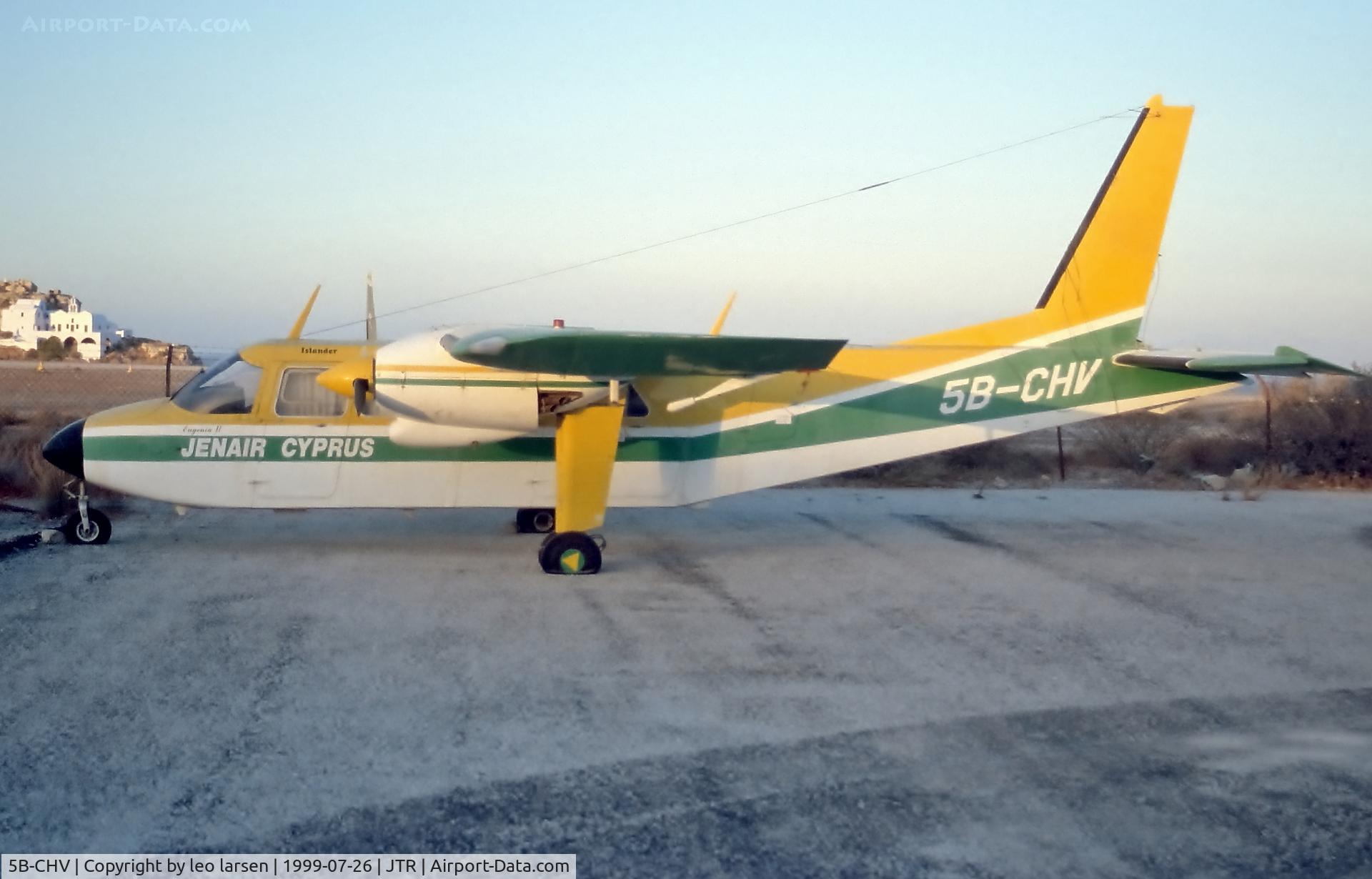 5B-CHV, 1978 Britten-Norman BN-2A-26 Islander C/N 878, Santorini JTR 26.7.1999.With missing Rudder and flat tyres. WFU ?