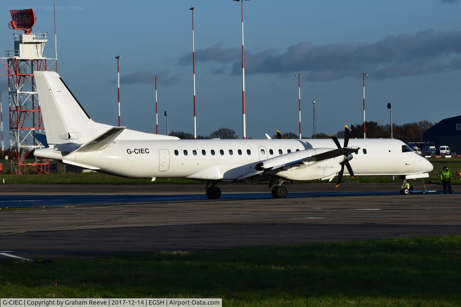 G-CIEC, 1996 Saab 2000 C/N 2000-037, Departing from Norwich.