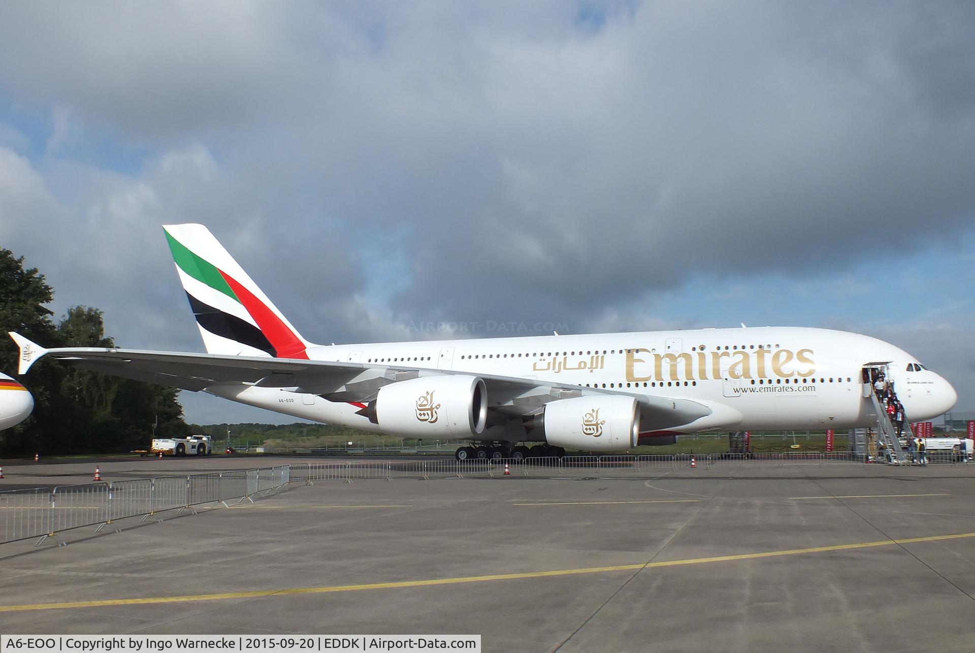 A6-EOO, 2015 Airbus A380-861 C/N 0190, Airbus A380-861 of Emirates Airline at the DLR 2015 air and space day on the side of Cologne airport