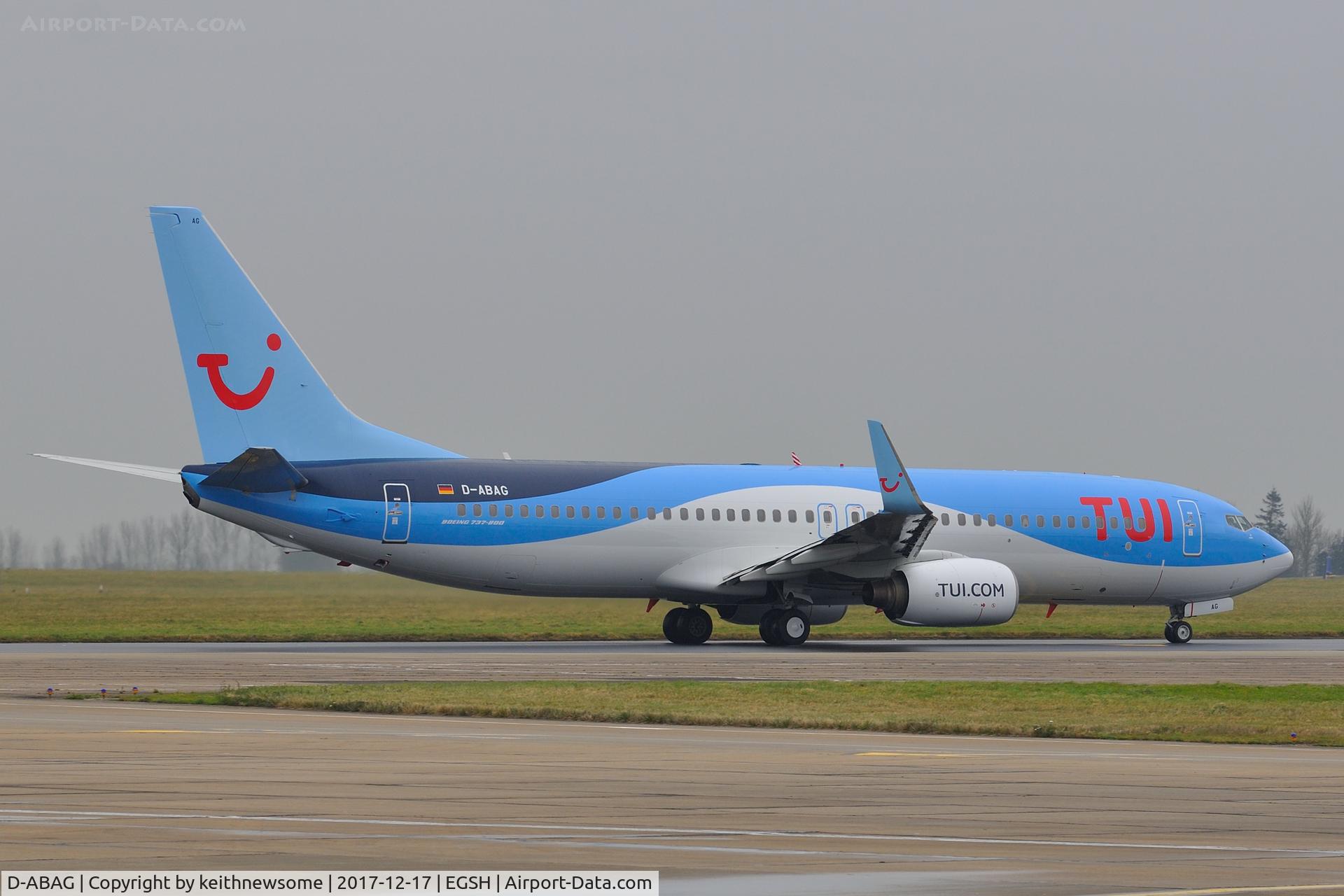 D-ABAG, 2001 Boeing 737-86J C/N 30879, Leaving Norwich for Hannover with TUI Airlines colour scheme.