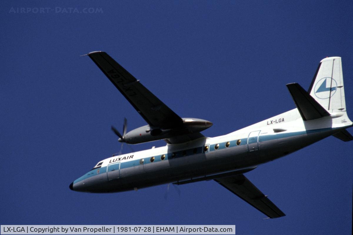 LX-LGA, 1963 Fokker F.27-100 Friendship C/N 10224, Luxair Fokker F27 Mk.100 Friendship climbing away from Schiphol airport, the Netherlands, 1981