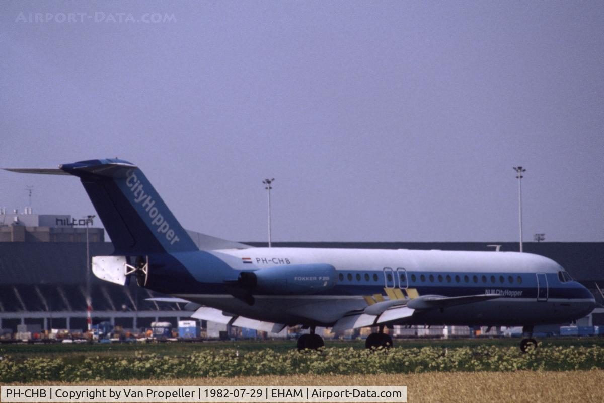 PH-CHB, 1978 Fokker F-28-4000 Fellowship C/N 11138, NLM CityHopper Fokker F28 landing at Schiphol airport, the Netherlands, 1982.