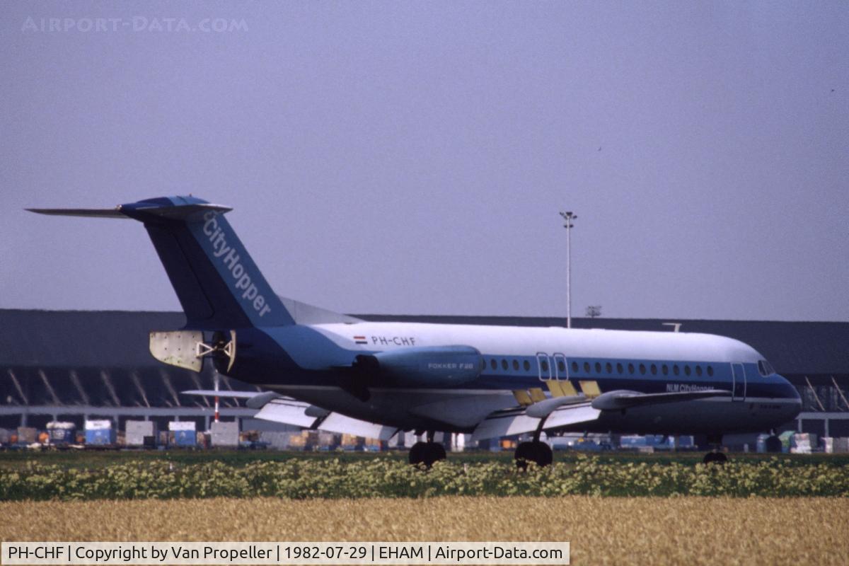 PH-CHF, 1979 Fokker F-28 Fellowship 4000 C/N 11140, NLM CityHopper Fokker F28 landing at Schiphol airport, the Netherlands, 1982