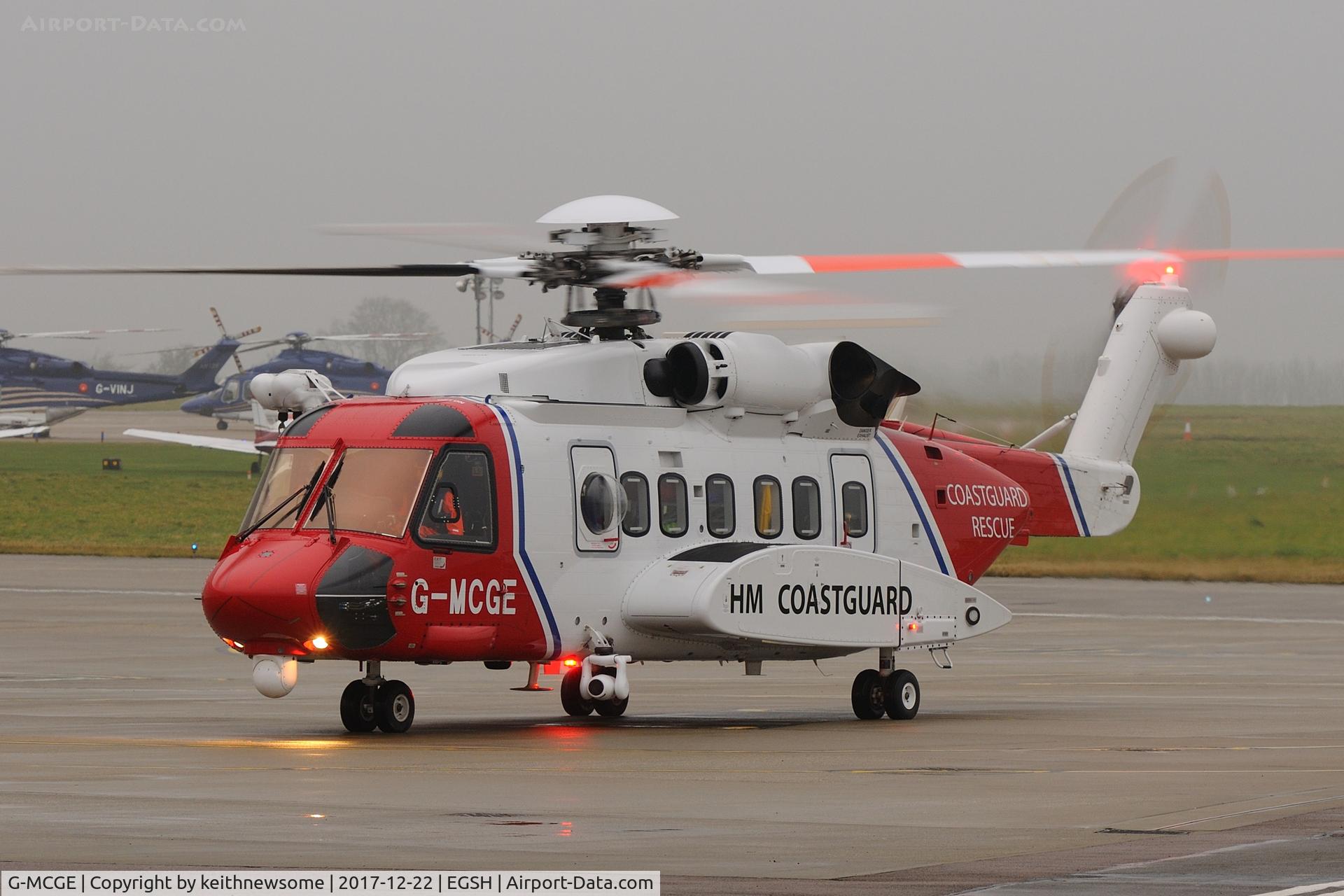 G-MCGE, 2014 Sikorsky S-92A C/N 920214, Arriving at Norwich with a casualty.