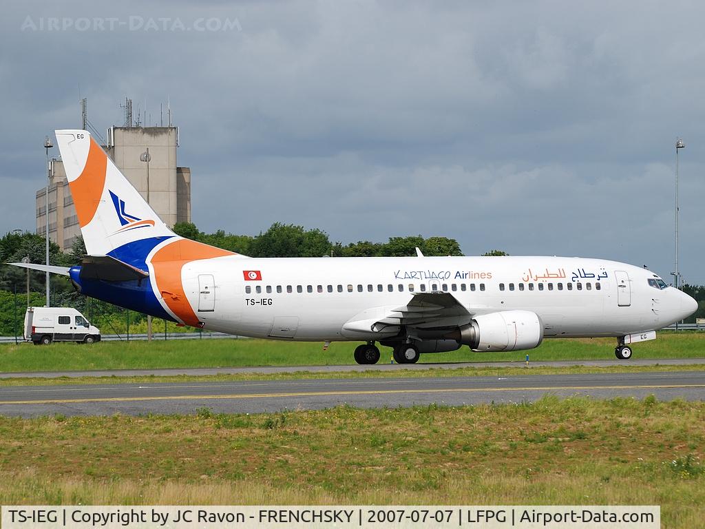 TS-IEG, 1998 Boeing 737-31S C/N 29116, Karthago Airlines to CDG terminal 3 (now Scat airways UP-B3710)