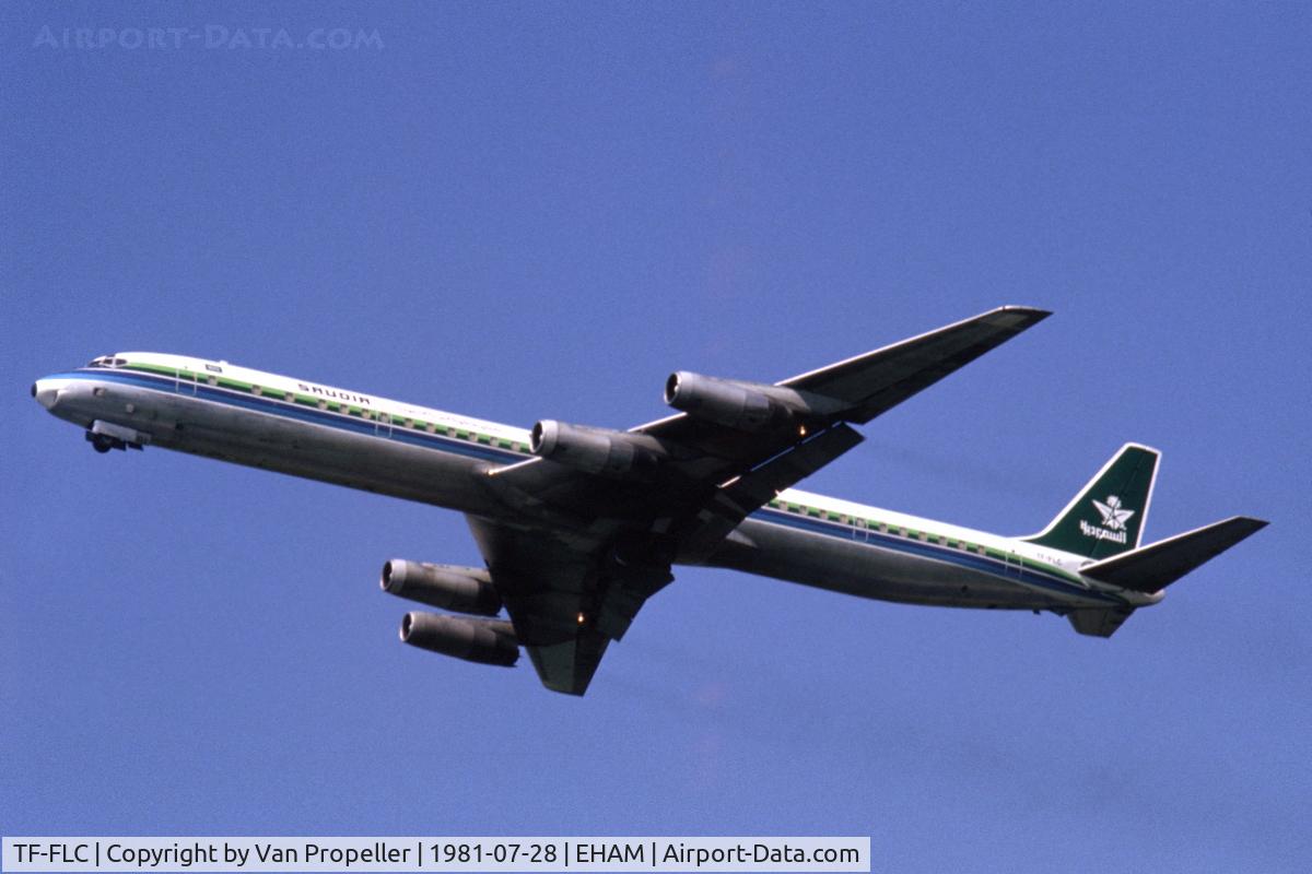TF-FLC, 1969 Douglas DC-8-63F C/N 46049, Icelandair Douglas DC-8-63CF freighter in Saudia colours (leased) climbing away from Schiphol airport, the Netherlands, 1981