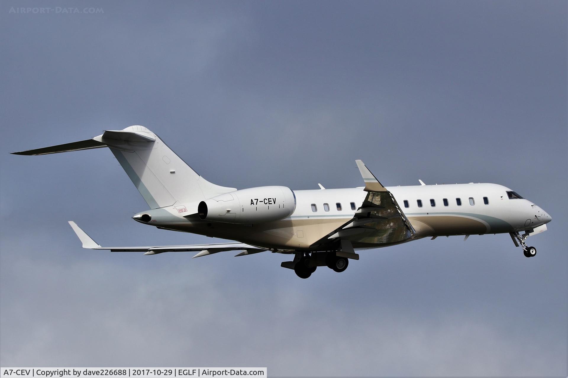 A7-CEV, 2013 Bombardier BD-700-1A10 Global 5000 C/N 9534, Qatar Executive BD 700 leaving Farnborough on 06