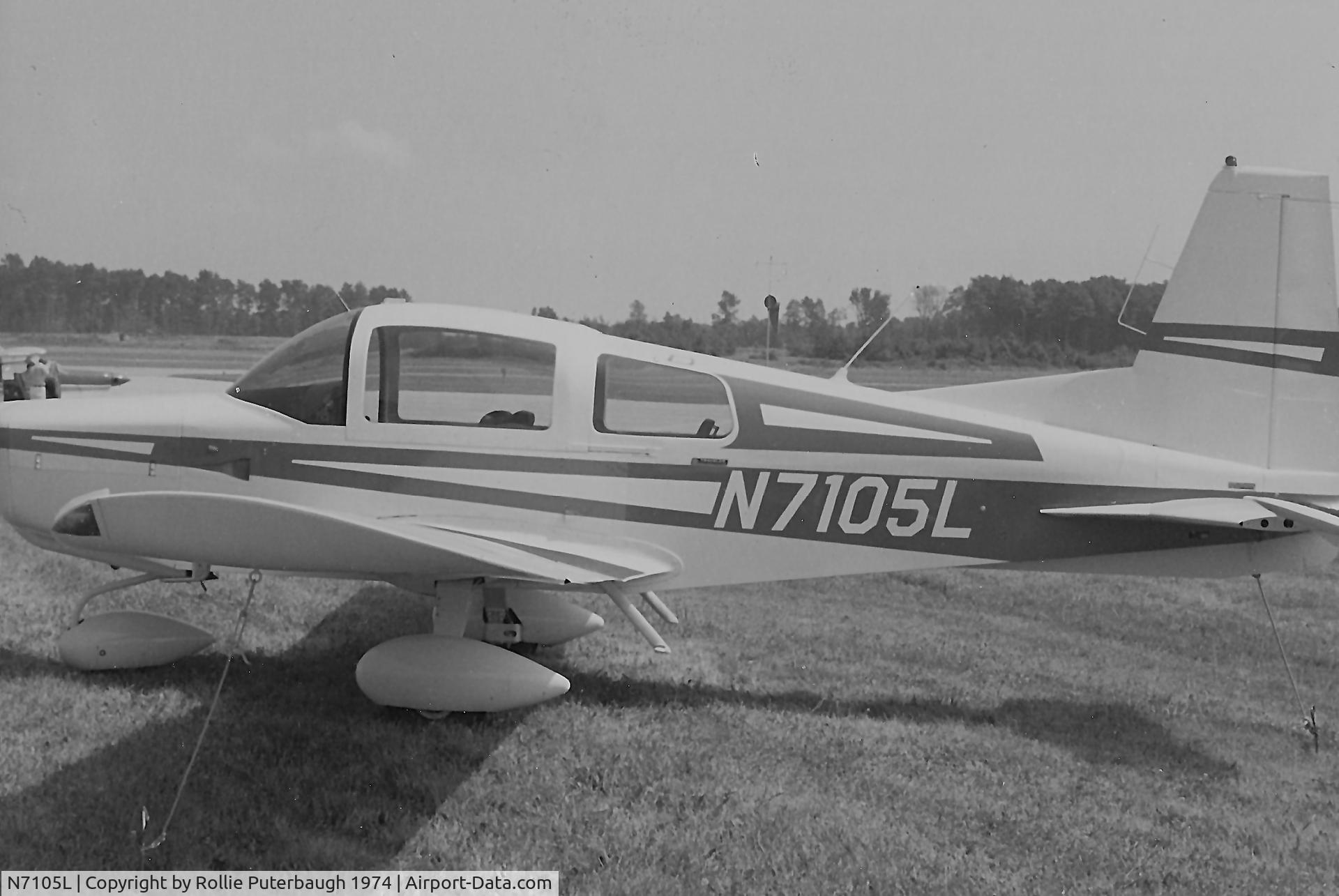 N7105L, 1973 Grumman American AA-5 Traveler C/N AA5-0405, 1973 Grumman American Traveler taken at an airstrip west of Dayton, Ohio in 1974. The aircraft was manufactured in 1973 at the Cuyahoga County Airport.