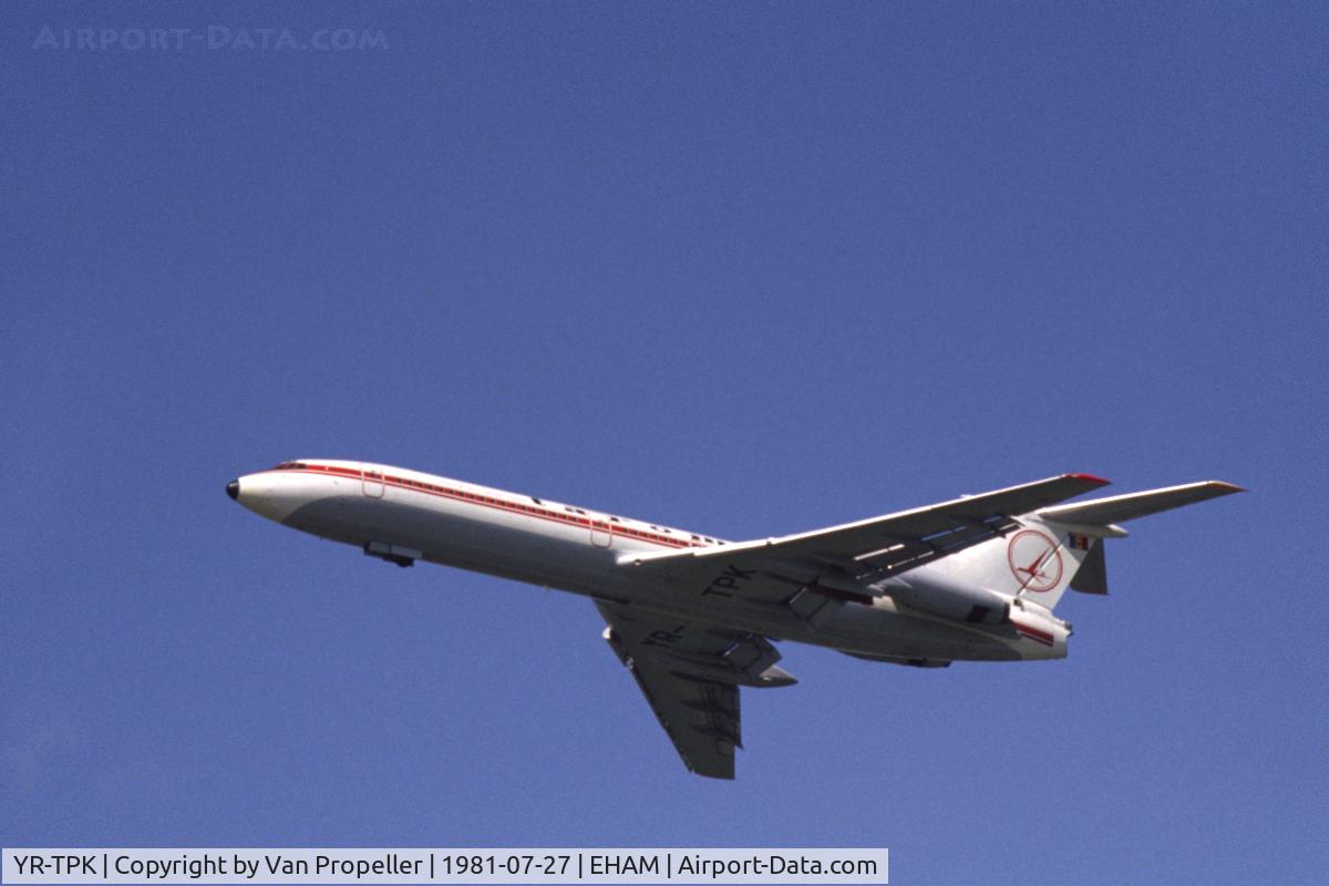 YR-TPK, 1980 Tupolev Tu-154B-2 C/N 80A415, Tarom Tupolev Tu-154B-2 climbing away from Schiphol airport, the Netherlands, 1981