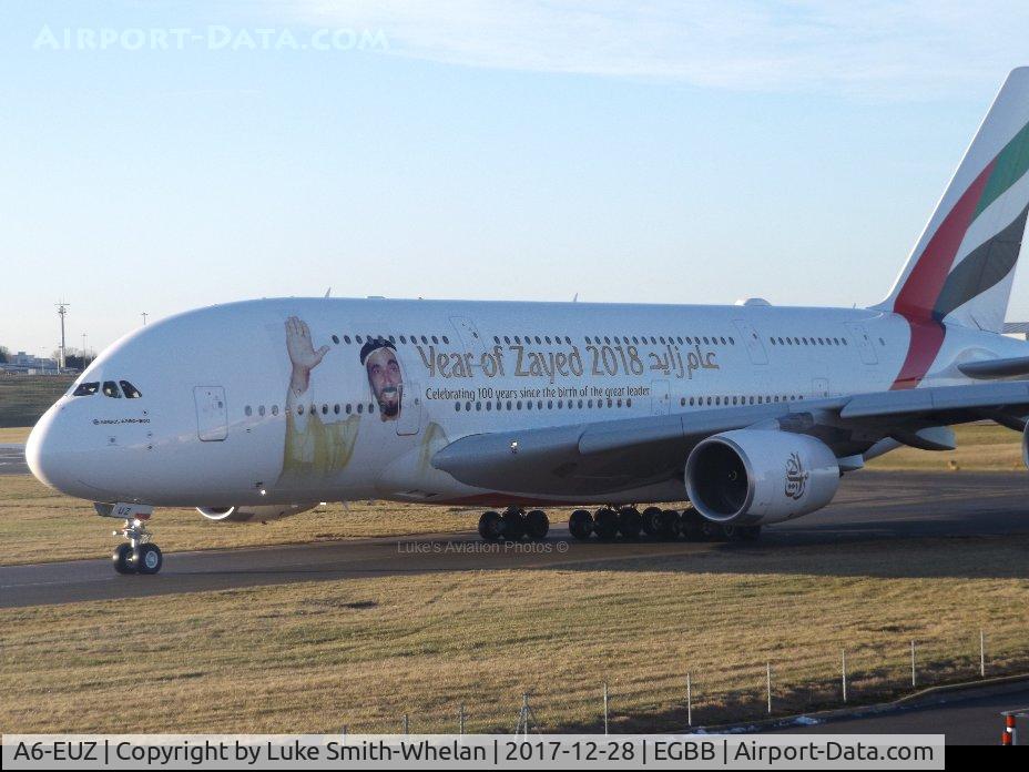 A6-EUZ, 2017 Airbus A380-842 C/N 244, Lining up on runway 33 at Birmingham Airport.