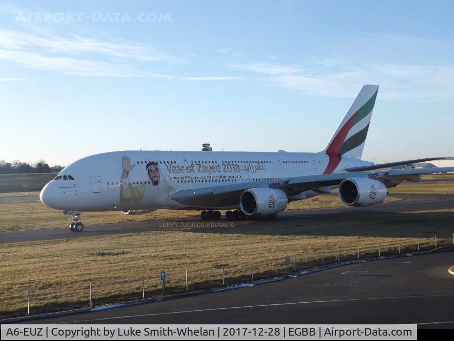 A6-EUZ, 2017 Airbus A380-842 C/N 244, Lining up on runway 33 at Birmingham Airport.