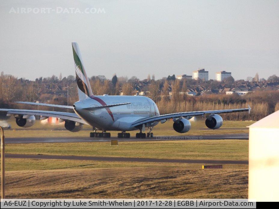 A6-EUZ, 2017 Airbus A380-842 C/N 244, Taxiing down runway 33 at Birmingham Airport.