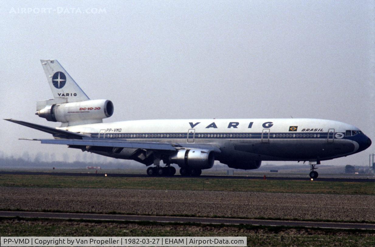 PP-VMD, 1975 McDonnell Douglas DC-10-30 C/N 46916, Varig DC-10-30 landing at Schiphol airport, the Netherlands, 1982