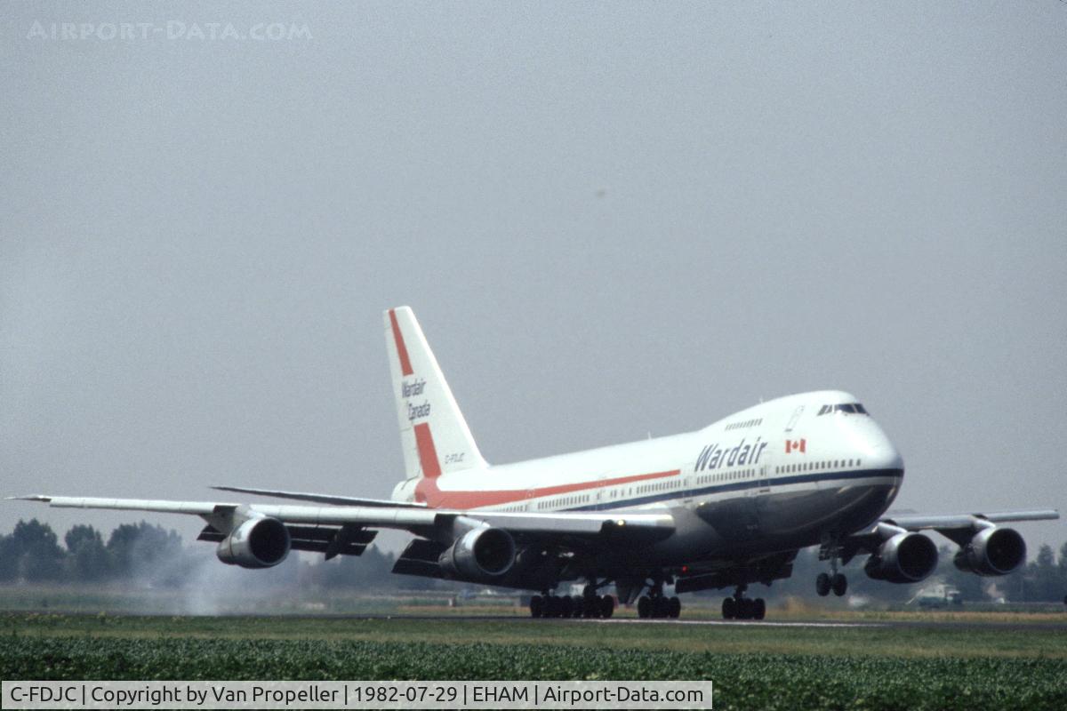 C-FDJC, 1971 Boeing 747-1D1 C/N 20208, Wardair Canada Boeing 747-1D1 landing at Schiphol airport, the Netherlands, 1982