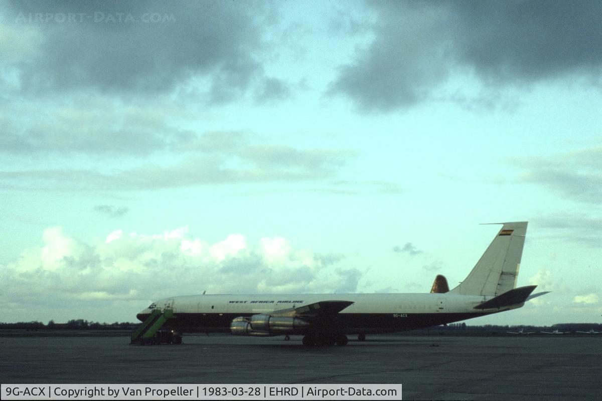 9G-ACX, 1967 Boeing 707-336C C/N 19498, West Africa Airline Boeing 707-336C on the platform of Rotterdam Zestienhoven airport, the Netherlands, 1983