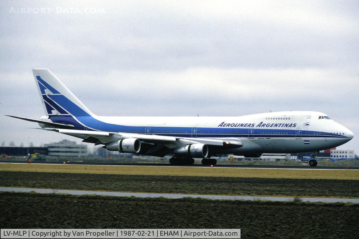 LV-MLP, 1979 Boeing 747-287B C/N 21726, Aerolineas Argentinas Boeing 747-287B landing at Schiphol airport, the Netherlands, 1987