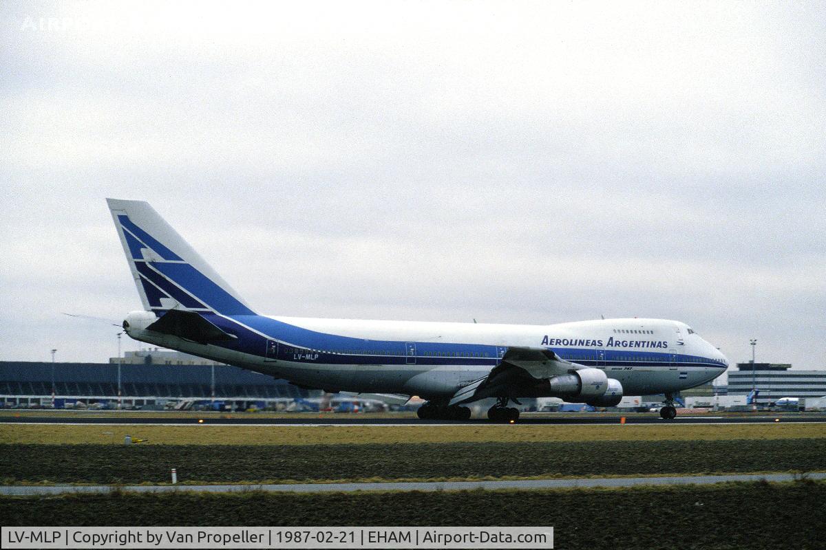 LV-MLP, 1979 Boeing 747-287B C/N 21726, Aerolineas Argentinas Boeing 747-287B landing at Schiphol airport, the Netherlands, 1987