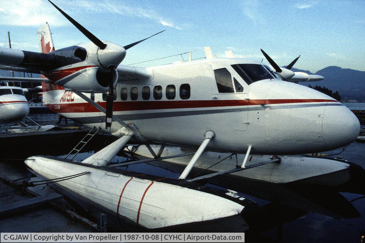 C-GJAW, 1968 De Havilland Canada DHC-6-200 Twin Otter C/N 176, Air BC De Havilland Canada DHC-6-200 Twin-Otter moored at the Vancouver Harbour Water Airport, BC, Canada, 1987