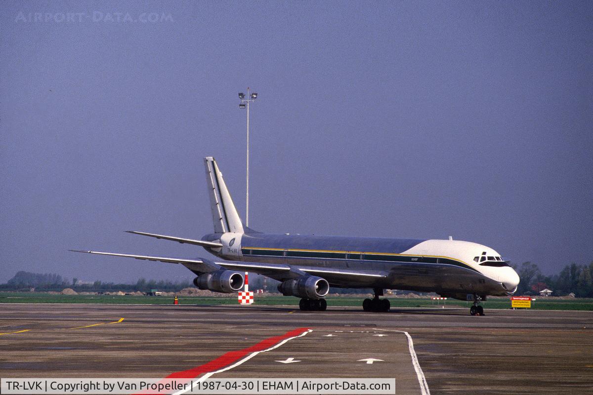 TR-LVK, 1965 Douglas DC-8-55JT C/N 45805, Air Gabon Cargo Douglas DC-8-55F on the platform of Schiphol-Oost, the Netherlands, 1987