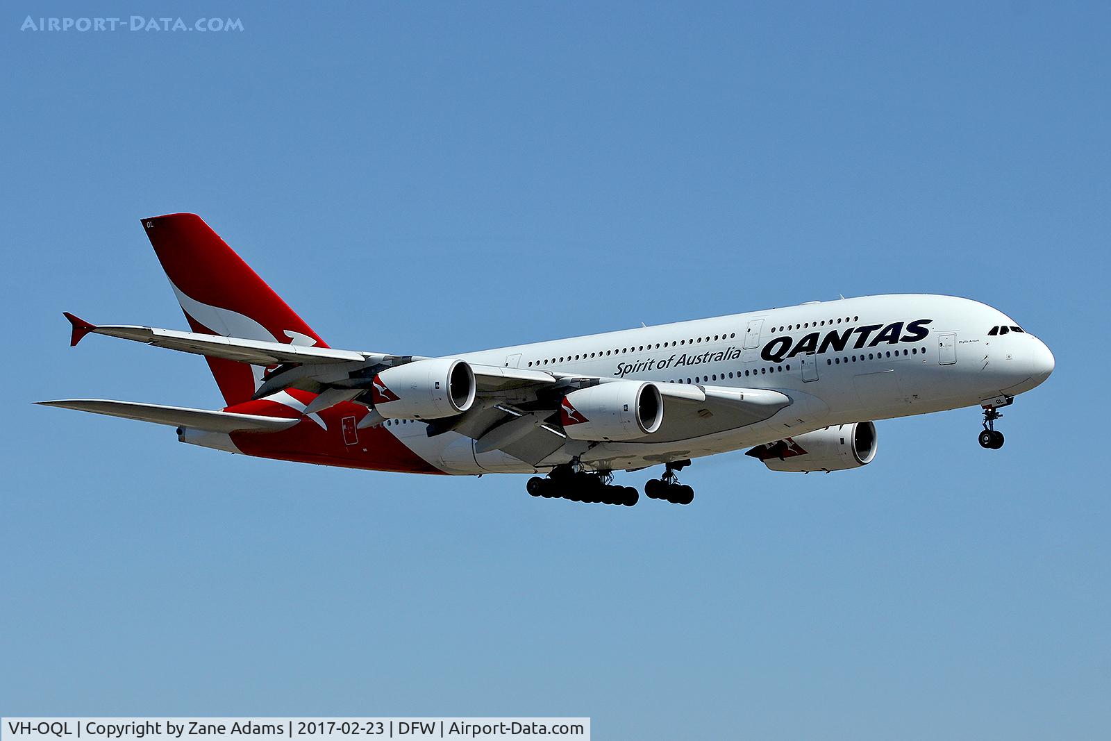 VH-OQL, 2011 Airbus A380-842 C/N 074, Arriving at DFW Airport