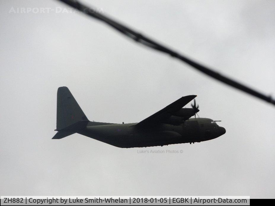 ZH882, 1999 Lockheed Martin C-130J Hercules C.5 C/N 382-5480, Performing a low level approach at Sywell Aerodrome.  No more than 500ft!
