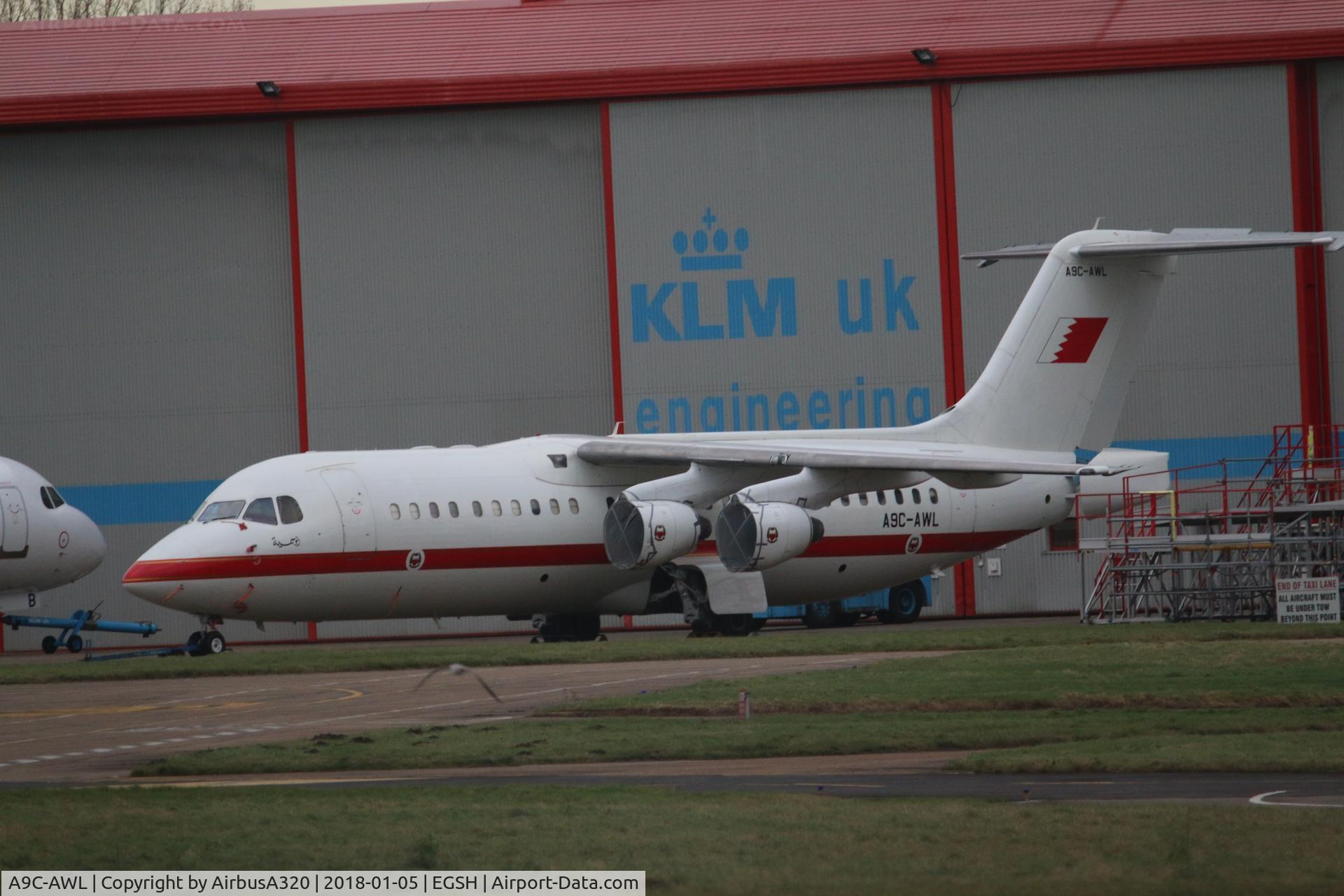 A9C-AWL, 2001 British Aerospace Avro 146-RJ100 C/N E3386, Seen outside KLM hangars at Norwich now minus engines