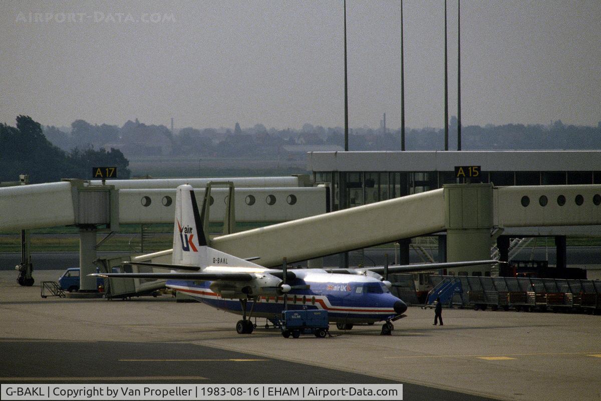 G-BAKL, 1965 Fokker F-27-200 Friendship C/N 10293, Air UK Fokker F27-200 Friendship on the platform at Schiphol airport, the Netherlands, 1983