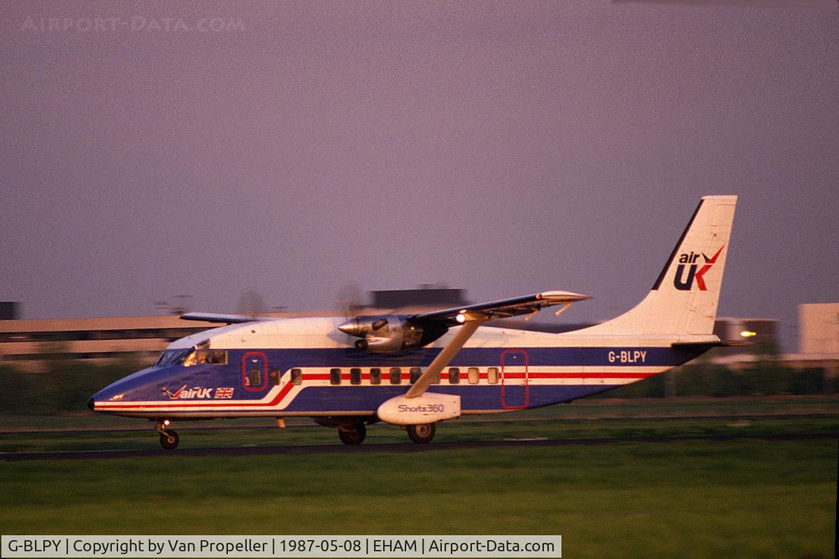 G-BLPY, 1984 Short 360-100 C/N SH.3660, Air UK Short 360 taking off in last light from Schiphol airport, the Netherlands, 1987