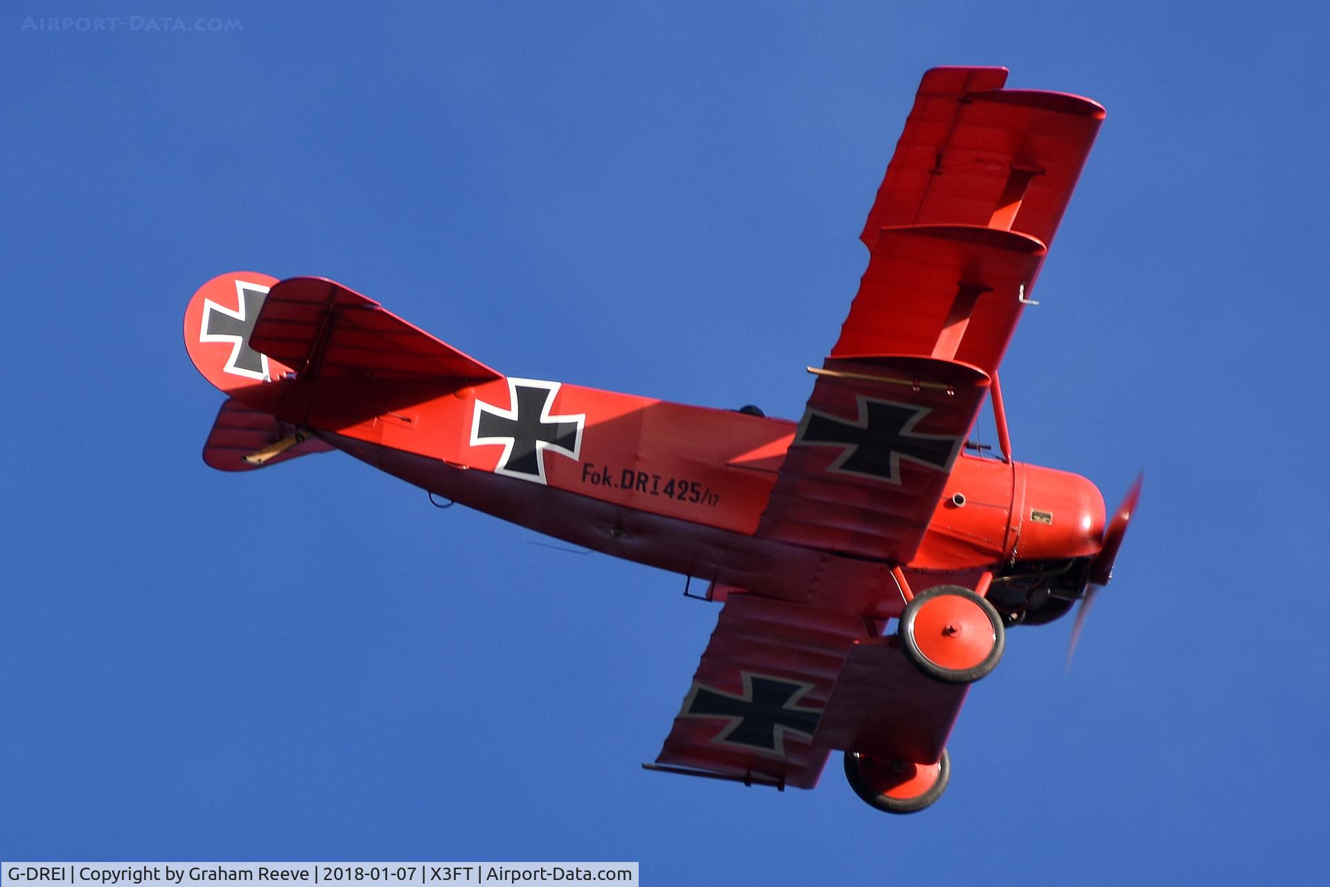 G-DREI, 2011 Fokker Dr.1 Triplane Replica C/N LAA 238-14848, Over head at Felthorpe.