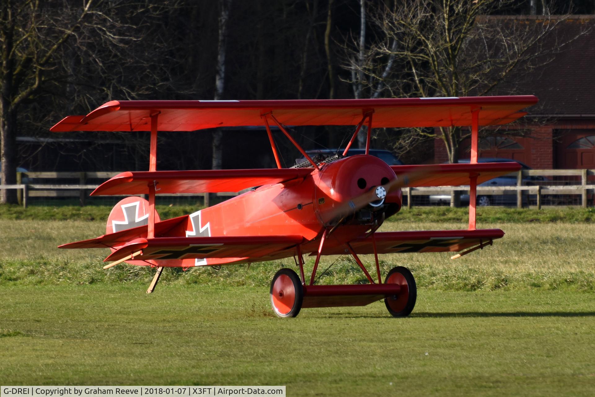 G-DREI, 2011 Fokker Dr.1 Triplane Replica C/N LAA 238-14848, Landing at Felthorpe.